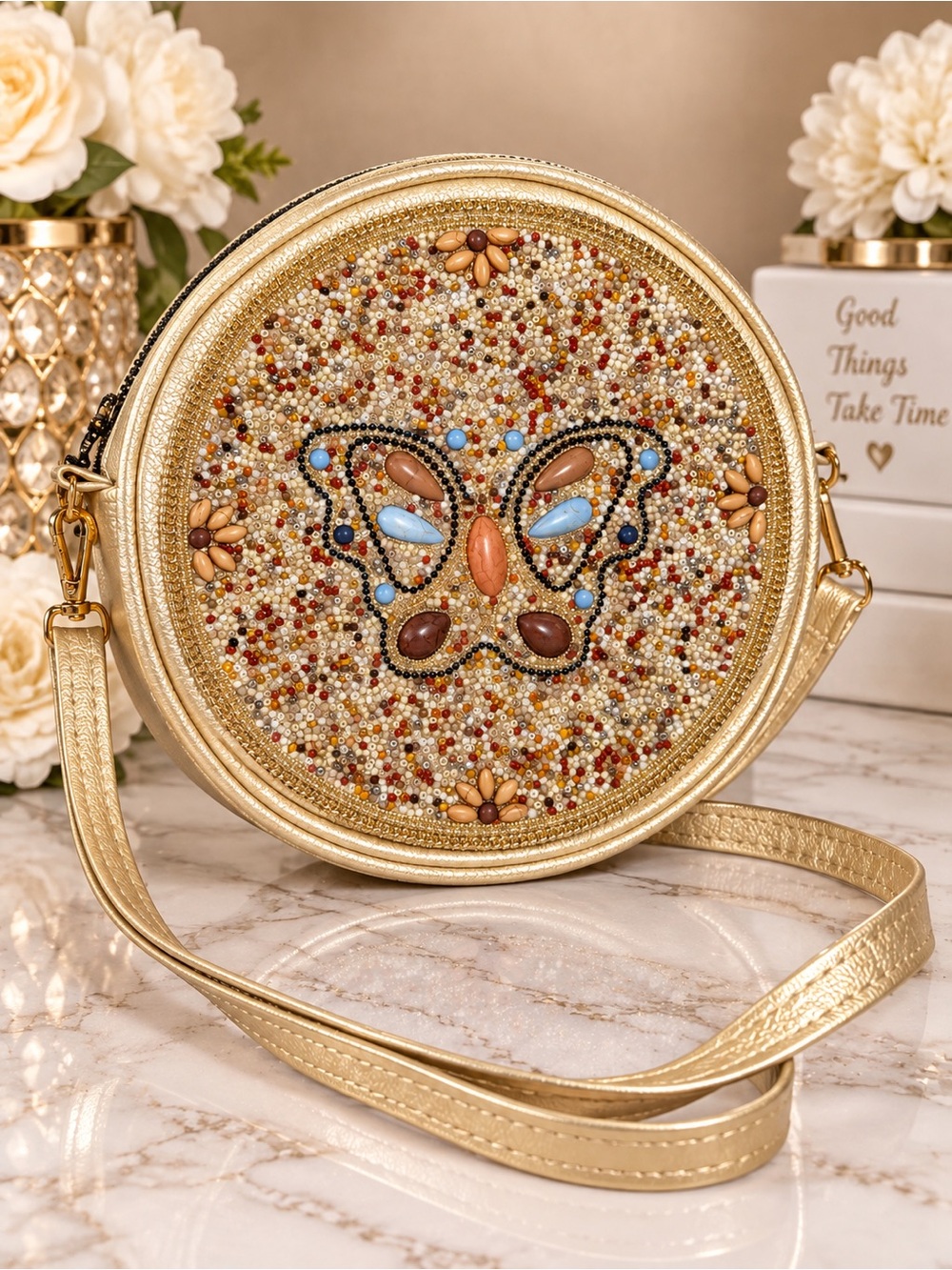 Gold Butterfly Beaded Round Colombian Crossbody Bag